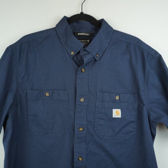 Carhartt Rugged Flex Ralaxed Fit Navy Blue Short Sleeve Button Up Shirt SZ Large - Picture 4 of 7